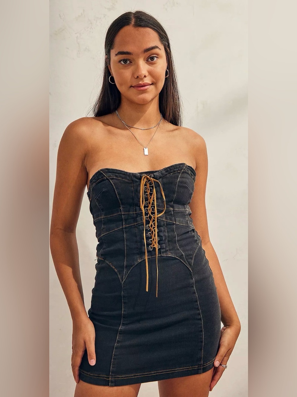 BDG Black Strapless Denim Mini Dress with Tan Lace-Up